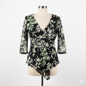 j.t.b. Floral Mesh Top L Black Green White V-Neck 3/4 Sleeve‎ Asymmetrical Hem